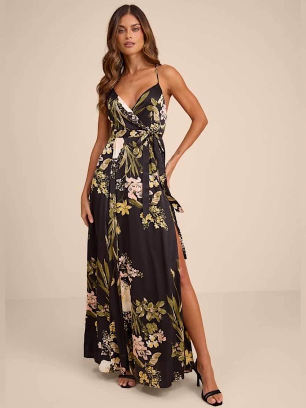 NWT LuLu’s Still the One Black Floral Print Satin Maxi Dress - L